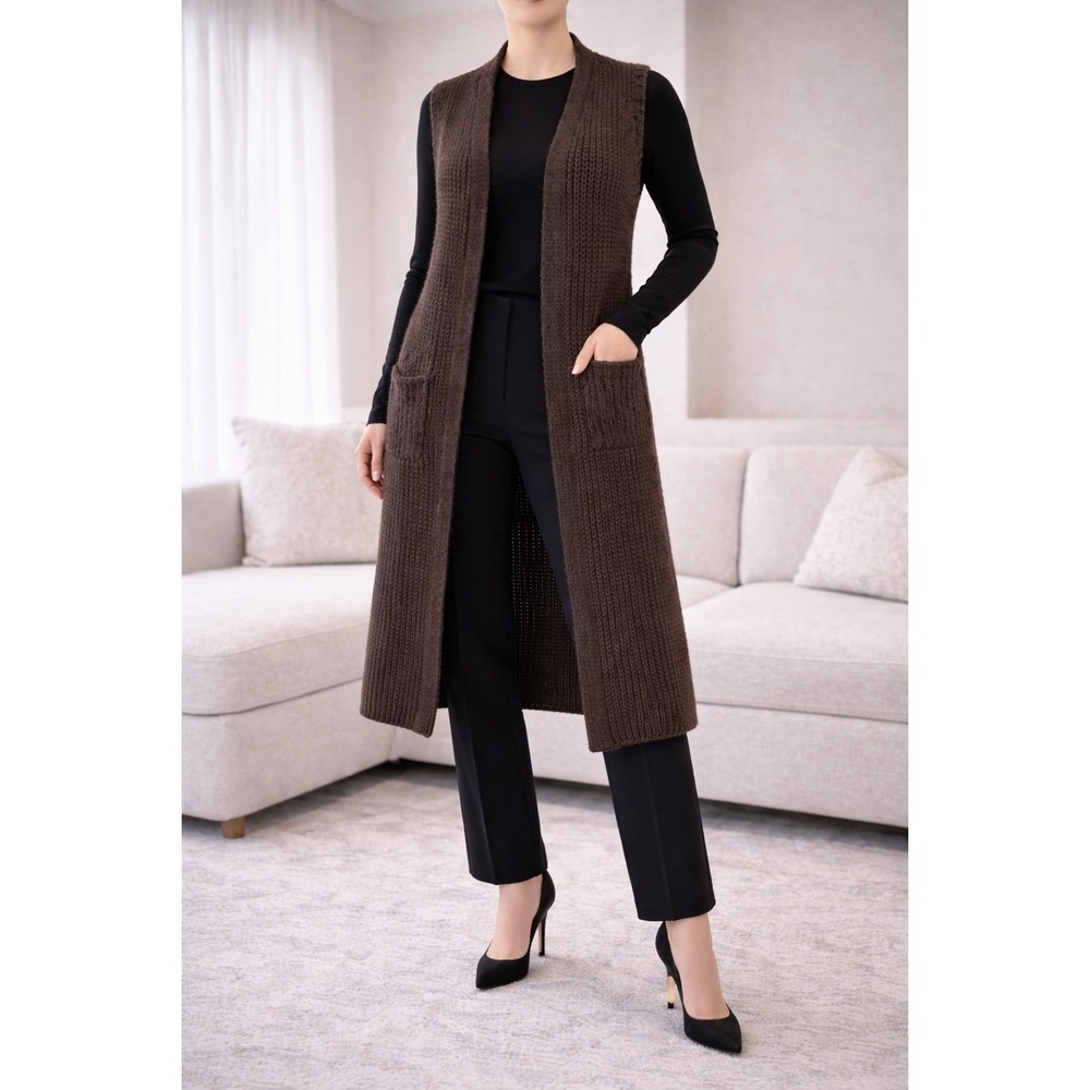 Ralph Lauren Purple Label Sleeveless Long Chunky Knit Cardigan Vest Brown M/L‎